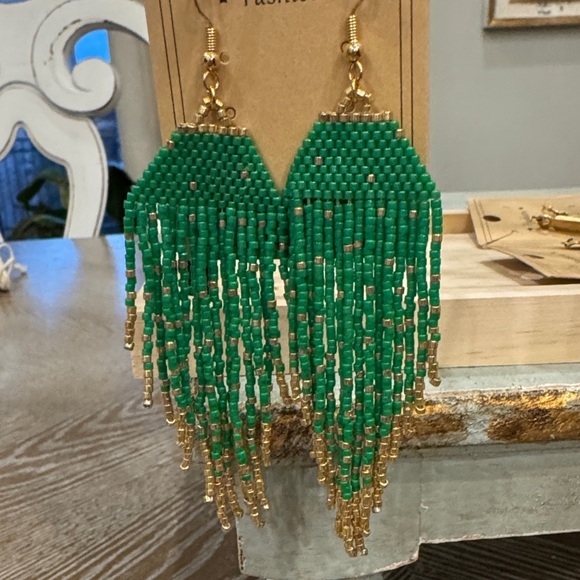 Green and Gold Beaded Fringe Earrings - Picture 1 of 1